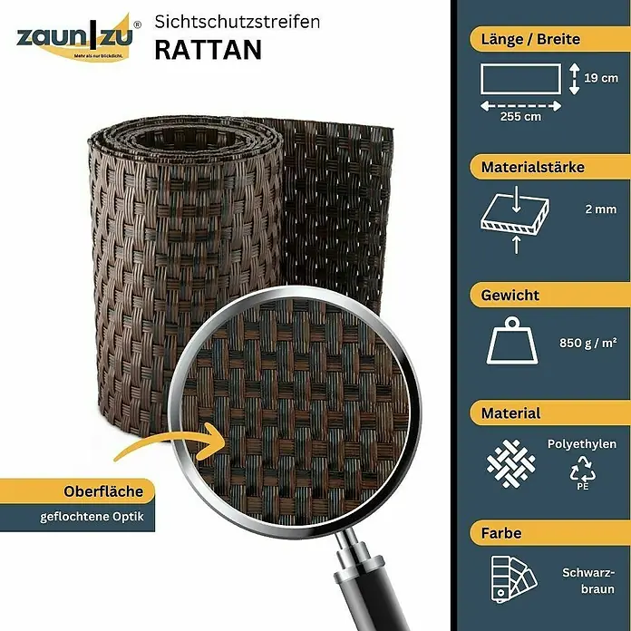zaun|zu Sichtschutzstreifen Rattan Einzel - 2,55 m x 19 cm x 0,2 cm, Schwarzbraun - Das Bild zeigt einen Sichtschutzstreifen aus Rattan in Schwarzbraun, der sich durch eine geflochtene Optik auszeichnet und für Zäune geeignet ist.