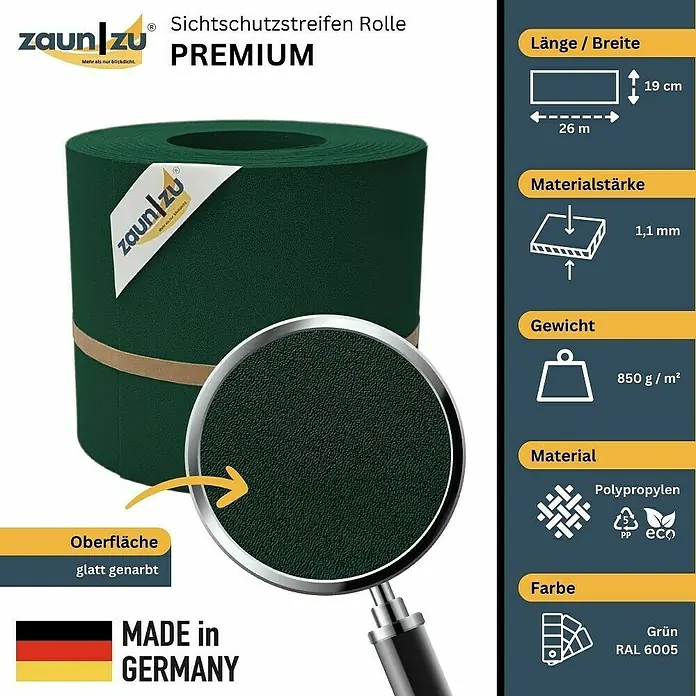 zaun|zu Sichtschutzstreifen Premium DSM - 26 m x 19 cm x 0,1 cm, Grün - Abbildung einer Rolle Zaunstreifen Premium Sichtschutz. Material Polypropylen, Farbe Grün, Made in Germany.