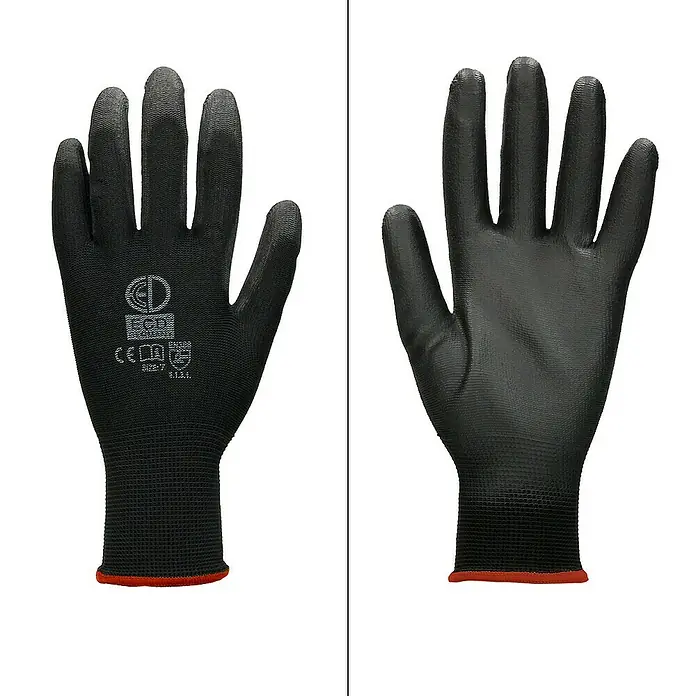 ECD Germany Arbeitshandschuhe 12er Set Mechanikerhandschuhe Größe: S atmungsaktiv & rutschfest - Schwarz, Polyester - Schwarze Arbeitshandschuhe mit roten Bündchen, perfekt für verschiedene Aufgaben. Die Handschuhe bieten Schutz und Flexibilität.