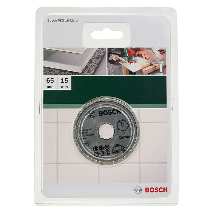 Bosch Diamant-Trennscheibe - Passend für: Bosch Mini-Handkreissäge PKS 16, 65 mm - Bosch PKS 16 Multi Fliesenschneider, 65 mm Durchmesser, ideal zum präzisen Schneiden von Keramikfliesen und ähnlichen Materialien.