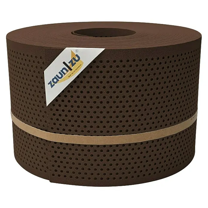 zaun|zu Sichtschutzstreifen Premium Gelocht 20% - 50 m x 19 cm x 0,1 cm, Braun - Produktabbildung einer Rolle Zaunblende mit Löchern und einem Etikett.