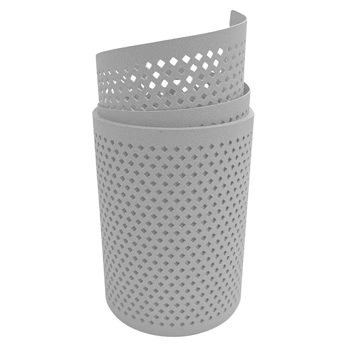 zaun|zu Sichtschutzstreifen Premium Gelocht Diamant - 2,55 m x 19 cm x 0,1 cm, Lichtgrau - Ein graues, perforiertes Band, aufgerollt und präsentiert, das durch sein Design eine interessante Textur und Optik bietet.