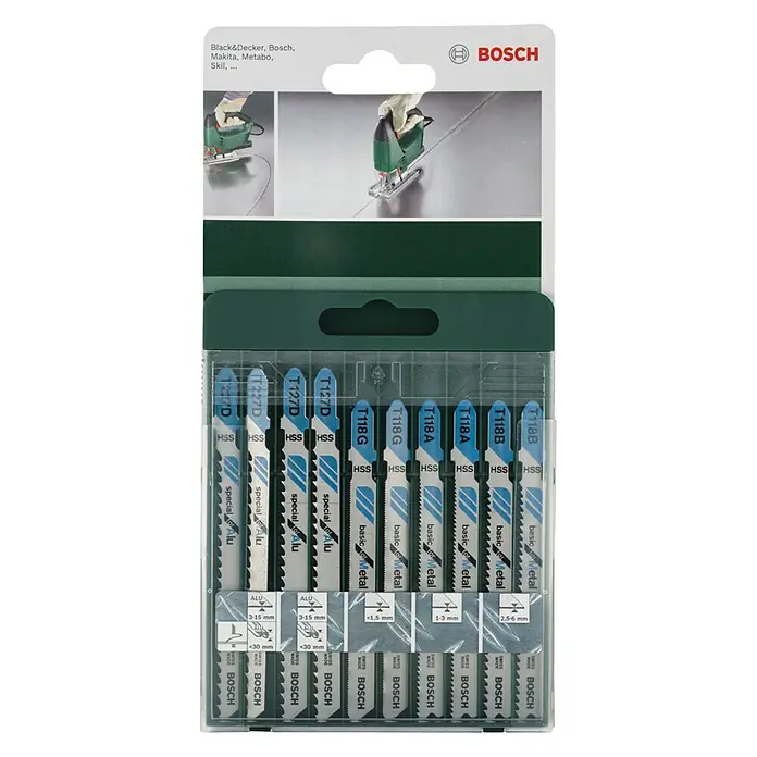 Bosch Stichsägeblatt-Set - Metall, 10 -tlg., T-Schaft - Bosch Stichsägeblätter-Set für Holz und Metall, verschiedene Typen (T127D, T118G, T118A, T118B) für diverse Anwendungen.