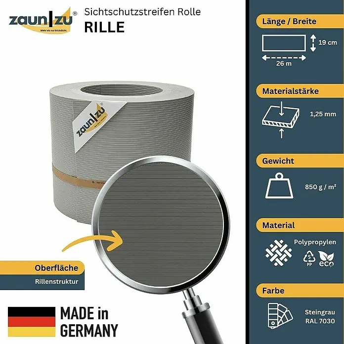 zaun|zu Sichtschutzstreifen Rille PP DSM - 26 m x 19 cm x 0,1 cm, Steingrau - Produktbild einer Zaunfolie "Rille" in Steingrau (RAL 7030), hergestellt in Deutschland. Abmessungen: 26 m Länge, 19 cm Breite.