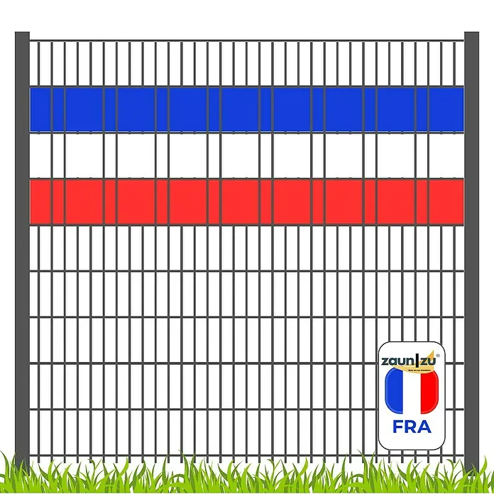 zaun|zu Sichtschutzstreifen Frankreich - 2,55 m x 19 cm x 0,1 cm, Blau/Weiß/Rot, Volle Streifenbreite - Zaun mit blau-weiß-rotem Streifenmuster, das an die französische Flagge erinnert. Ideal als Dekoration oder zur Abgrenzung.