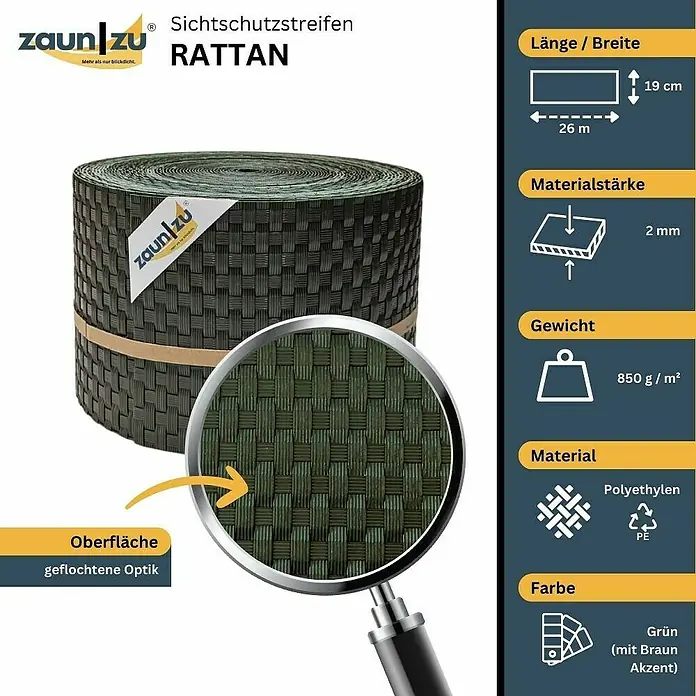 zaun|zu Sichtschutzstreifen Rattan PE - 26 m x 19 cm x 0,2 cm, Grün - Produktbild eines Zaunstreifens "Rattan" in Grün mit braunen Akzenten, mit geflochtener Optik, 26 m lang und 19 cm breit.