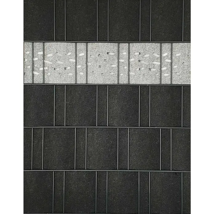 zaun|zu Sichtschutzstreifen Dekor Criss-Cross - 2,6 m x 19 cm x 0,2 cm, Hellgrau - Stilvolle dunkle Wandfliesen mit einer horizontalen Reihe dekorativer, gesprenkelter Fliesen. Perfekt für moderne Innenräume und anspruchsvolles Design.