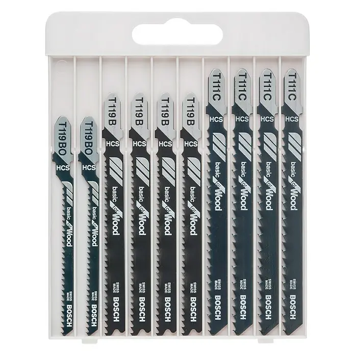 Bosch Stichsägeblatt-Set - Holz, 10 -tlg., T-Schaft - Ein Set Bosch Stichsägeblätter, bestehend aus verschiedenen Typen wie T111C und T119B, geeignet für Holzarbeiten.