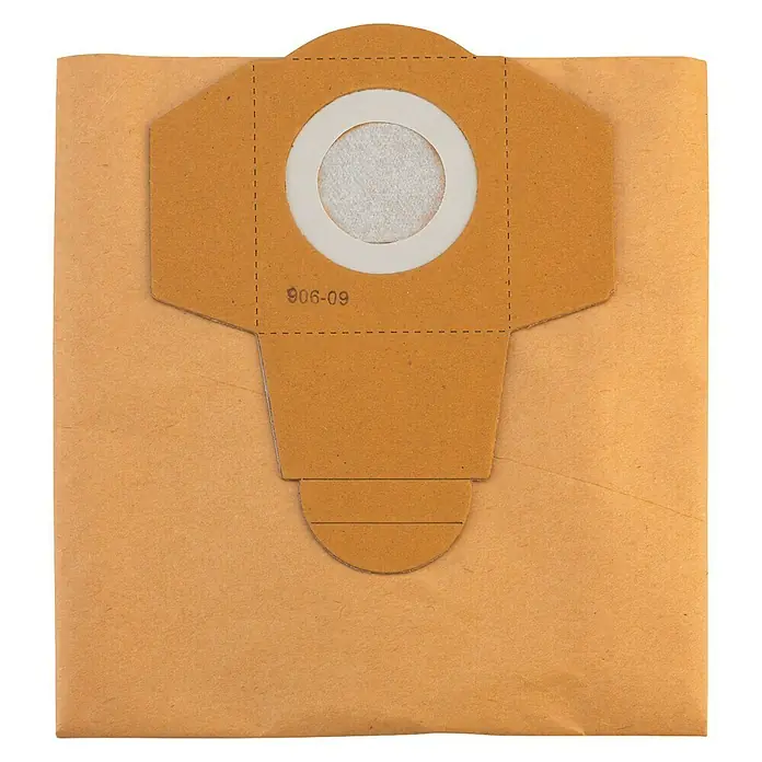 Einhell Staubsaugerbeutel - 30 l, 5 Stk. - Ein gelber Staubsaugerbeutel aus Papier mit einer Öffnung und der Nummer 906-09 ist auf dem Foto zu sehen. Ideal für die Reinigung.
