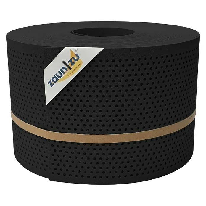 zaun|zu Sichtschutzstreifen Premium Gelocht 20% - 50 m x 19 cm x 0,1 cm, Tiefschwarz - Rolle schwarze Zaunfolie mit perforierter Oberfläche und beigem Band zur Fixierung, mit Zaun/zu Logo.