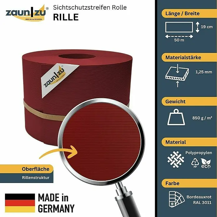 zaun|zu Sichtschutzstreifen Rille PP DSM - 50 m x 19 cm x 0,1 cm, Bordeaux - Produktbild einer Sichtschutzstreifen Rolle "RILLE" in Bordeauxrot, hergestellt in Deutschland. Detaillierte Angaben zu Länge, Material und Gewicht.