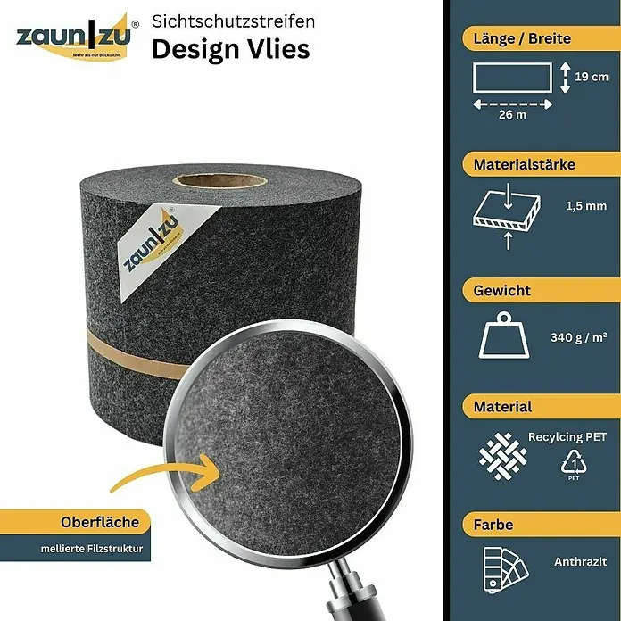 zaun|zu Sichtschutzstreifen Design Anthrazit - 26 m x 19 cm x 0,2 cm, Anthrazit, 1 Stk. - Zaun-Sichtschutzstreifen Design Vlies Anthrazit: 26 m Länge, 19 cm Breite, 1,5 mm Stärke, 340 g/m², Recycling PET, mellierte Filzstruktur.
