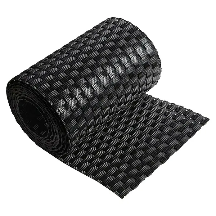 zaun|zu Sichtschutzstreifen Rattan Einzel - 2,55 m x 19 cm x 0,2 cm, Schwarz - Aufgerollte, gewebte schwarze Tischsets aus Vinyl. Diese Tischsets sind ideal, um Ihren Tisch vor Kratzern und Flecken zu schützen.