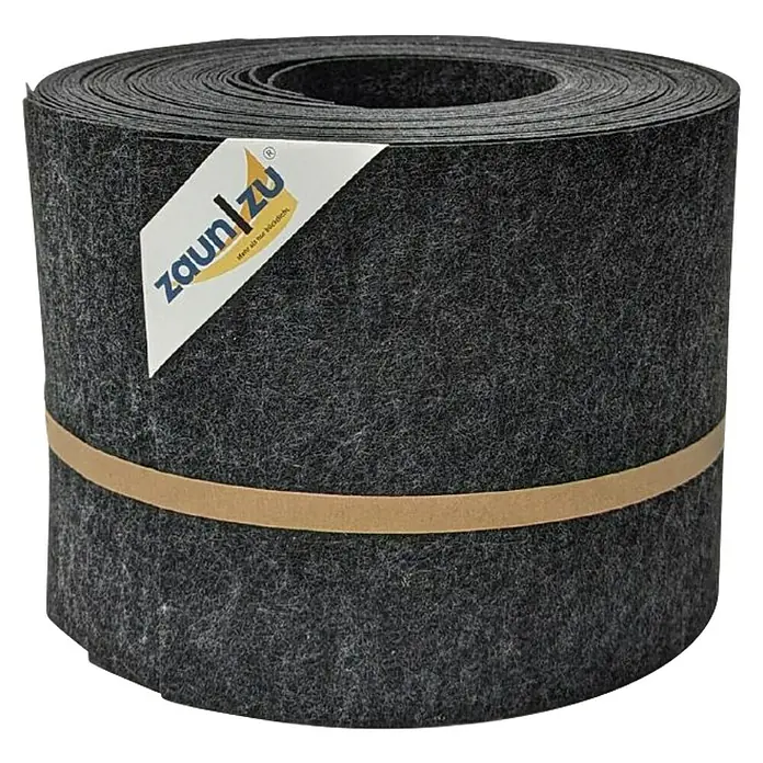 zaun|zu Sichtschutzstreifen Design Schwarzgrau - 2,55 m x 19 cm x 0,2 cm, Schwarzgrau, 10 Stk. - Eine Rolle Zaunblende "zaun|zu" in Anthrazit, gehalten von einem braunen Band und mit einem Logo-Aufkleber versehen.