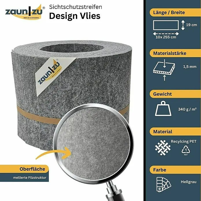 zaun|zu Sichtschutzstreifen Design Hellgrau - 2,55 m x 19 cm x 0,2 cm, Hellgrau, 10 Stk. - Sichtschutzstreifen Design Vlies aus Recycling PET, hellgrau, 19 cm breit, 1,5 mm stark, 340 g/m². Mellierte Filzstruktur für den Außenbereich.