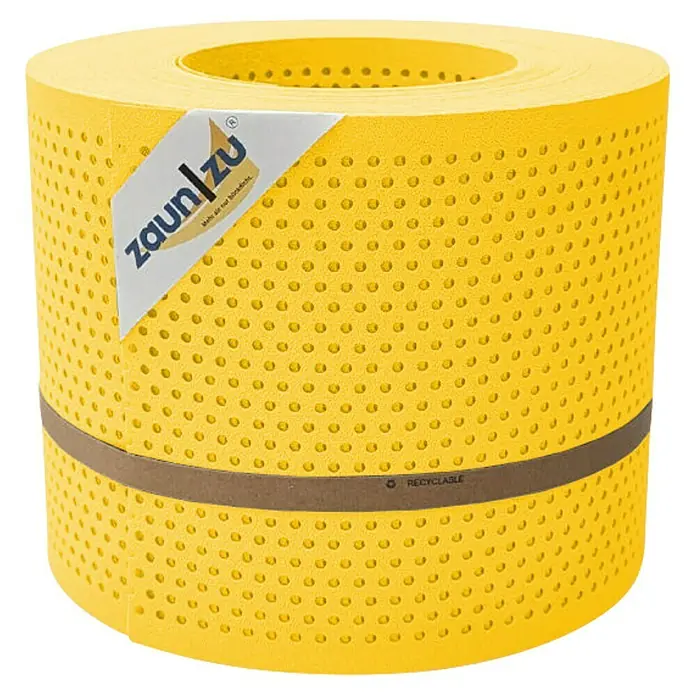 zaun|zu Sichtschutzstreifen Premium Gelocht 20% - 26 m x 19 cm x 0,1 cm, Gelb - Gelbe Zaunfolie auf einer Rolle mit braunem Band und Herstelleretikett.