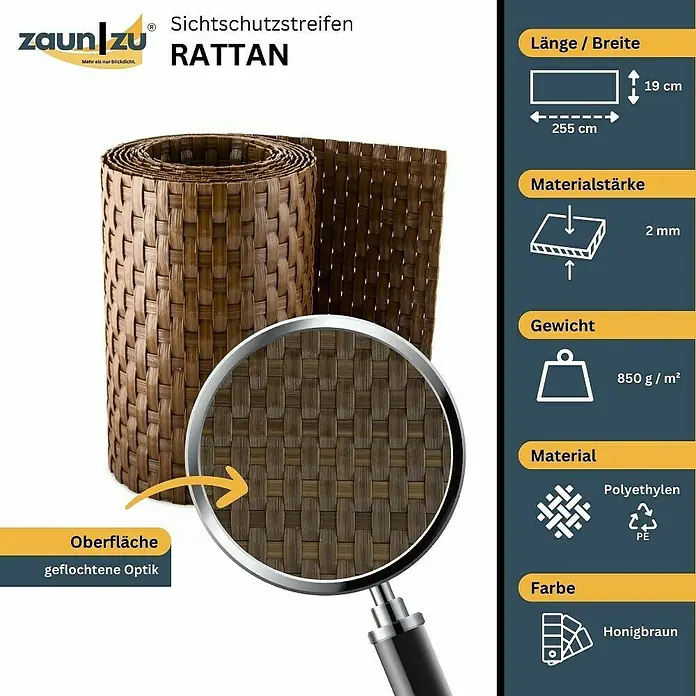 zaun|zu Sichtschutzstreifen Rattan Einzel - 2,55 m x 19 cm x 0,2 cm, Honigbraun - Sichtschutzstreifen Rattan: 255 cm lang, 19 cm breit, Materialstärke 2 mm, Gewicht 850 g/m², Polyethylen, Farbe Honigbraun.