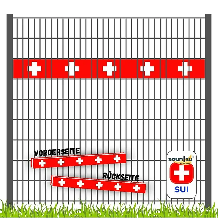 zaun|zu Sichtschutzstreifen Schweiz - L x B x H: 2,55 m x 19 cm x 0,3 cm, Rot, Schweiz - Illustration eines Zauns mit Schweizer Kreuzen und Hinweisen zu Vorder- und Rückseite, sowie zum Zaunhersteller.