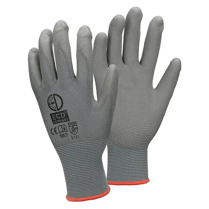 ECD Germany Arbeitshandschuhe 4er Set Mechanikerhandschuhe Größe: S atmungsaktiv & rutschfest - Grau, Polyester - Ein Paar graue ECD Germany Arbeitshandschuhe mit roten Bündchen. Ideal für Montagearbeiten und Schutz vor Schmutz.