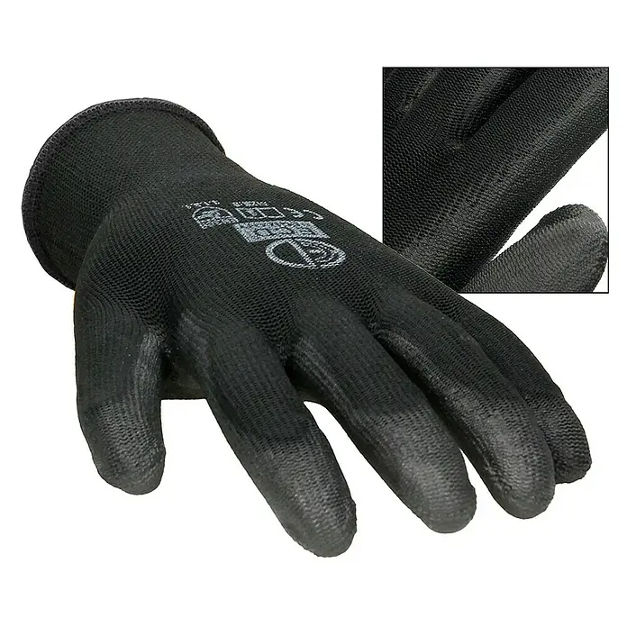 ECD Germany Arbeitshandschuhe Mechanikerhandschuhe Größe: XL atmungsaktiv & rutschfest - Schwarz, Polyester - Nahaufnahme eines schwarzen Arbeitshandschuhs mit strukturierter Handfläche für besseren Halt und Schutz.
