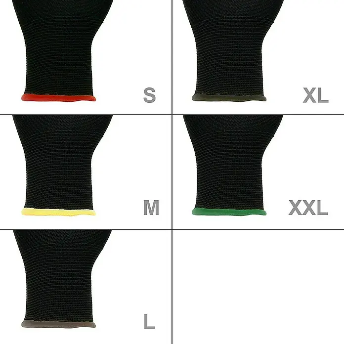 ECD Germany Arbeitshandschuhe Mechanikerhandschuhe Größe: XL atmungsaktiv & rutschfest - Schwarz, Polyester - Verschiedene Größen von schwarzen Arbeitshandschuhen, die durch farbige Ränder gekennzeichnet sind.\n