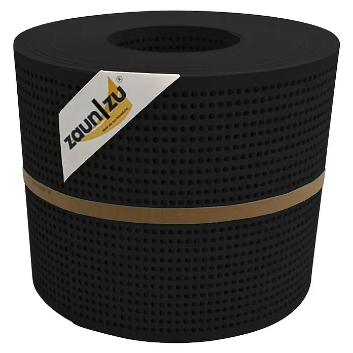 zaun|zu Sichtschutzstreifen Premium Gelocht - 26 m x 19 cm x 0,1 cm, Tiefschwarz - Eine Rolle Zaunfolie in Schwarz mit gelbem Logo "zaun|zu" und braunem Halteband. Das Produkt dient als Sichtschutz für Zäune.