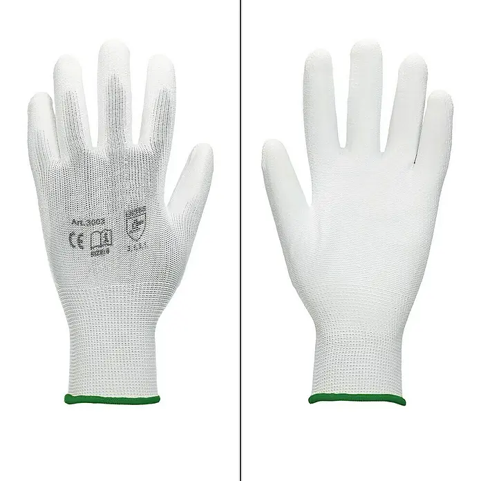 ECD Germany Arbeitshandschuhe Mechanikerhandschuhe Größe: XXL atmungsaktiv & rutschfest - Weiß, Polyester - Abbildung von zwei weißen, leichten Arbeitshandschuhen mit grünen Bündchen, die Schutz und Präzision bei der Arbeit bieten.