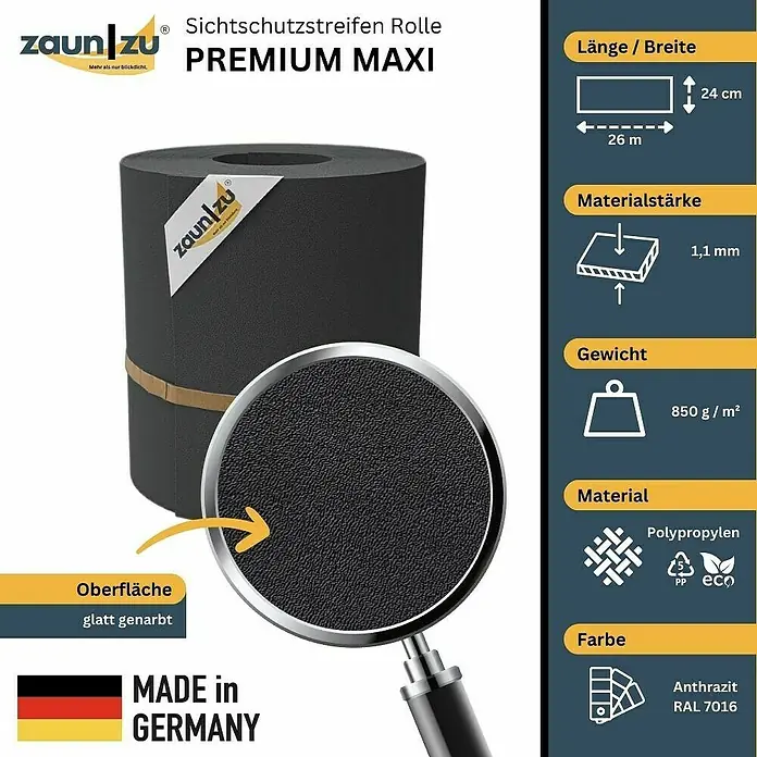 zaun|zu Sichtschutzstreifen Premium Maxi - L x B x H: 26 m x 24 cm x 0,1 cm, Anthrazit - Sichtschutzstreifen Rolle Premium Maxi: Anthrazitfarbene Polypropylen-Zaunblende, glatt genarbt, 26 m Länge, 24 cm Breite und 1,1 mm Materialstärke.
