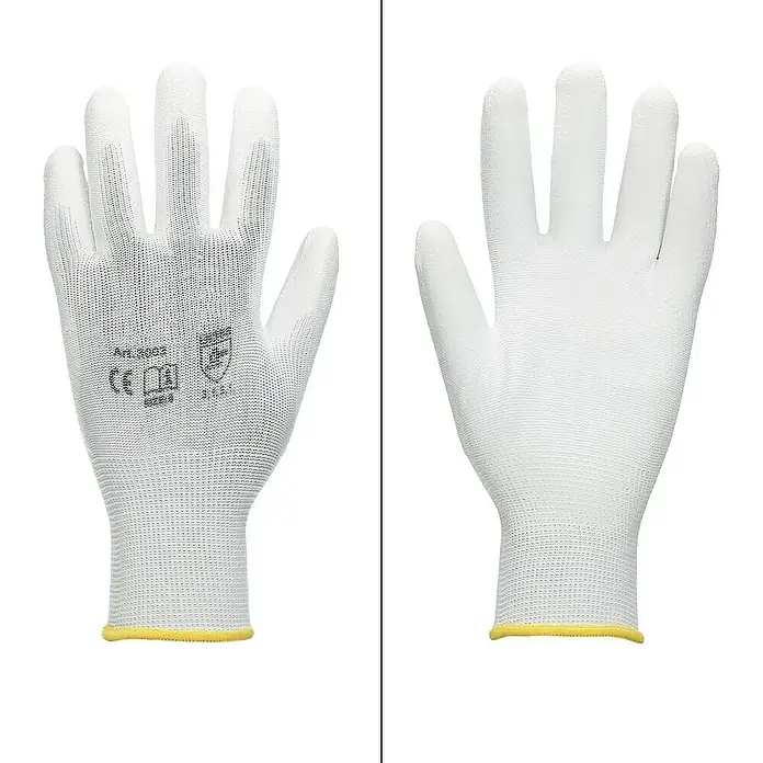 ECD Germany Arbeitshandschuhe 36er Set Mechanikerhandschuhe Größe: M atmungsaktiv & rutschfest - Weiß, Polyester - Abbildung von zwei weißen Schutzhandschuhen mit gelben Bündchen, die zum Schutz der Hände bei der Arbeit dienen.