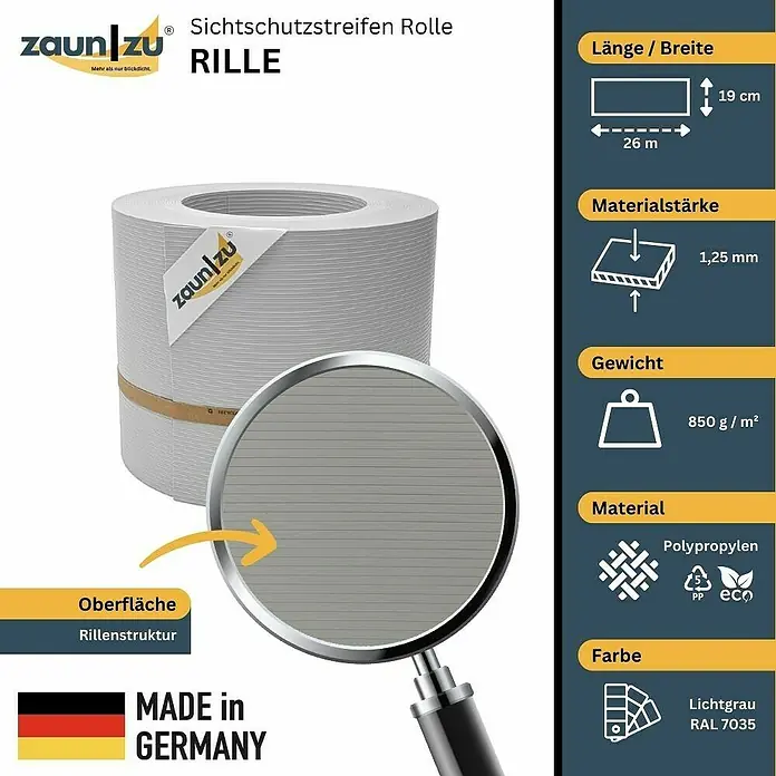 zaun|zu Sichtschutzstreifen Rille PP DSM - 26 m x 19 cm x 0,1 cm, Lichtgrau - ZaunZu Sichtschutzstreifen Rolle Rille: Sichtschutz in Hellgrau, Polypropylen, 26 m Länge, 19 cm Breite, 1,25 mm Materialstärke, 850 g/m².