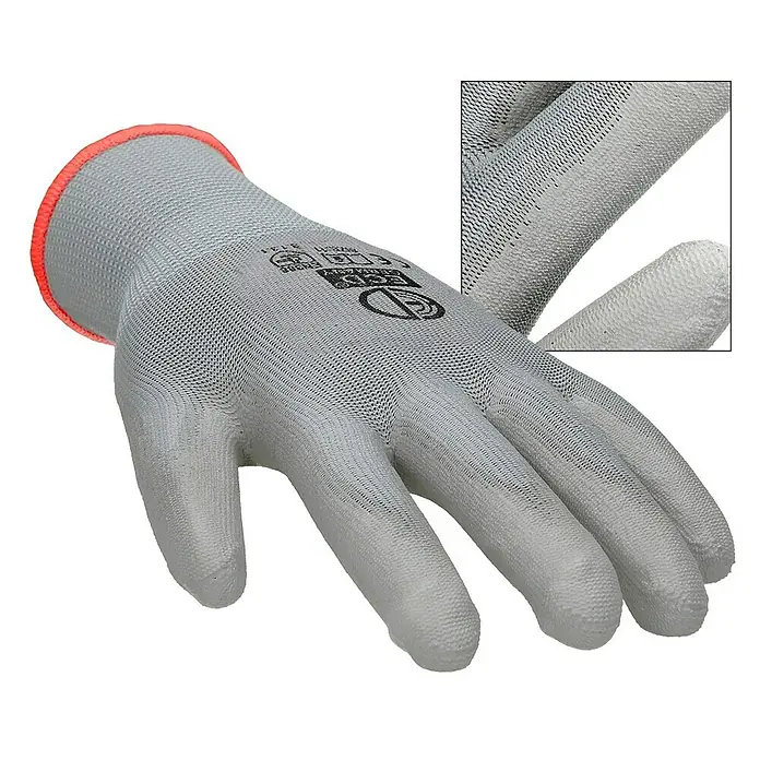 ECD Germany Arbeitshandschuhe Mechanikerhandschuhe Größe: S atmungsaktiv & rutschfest - Grau, Polyester - Grauer Arbeitshandschuh mit rotem Saum und feiner Textur, ideal für präzise Arbeiten und Schutz vor Abnutzung.