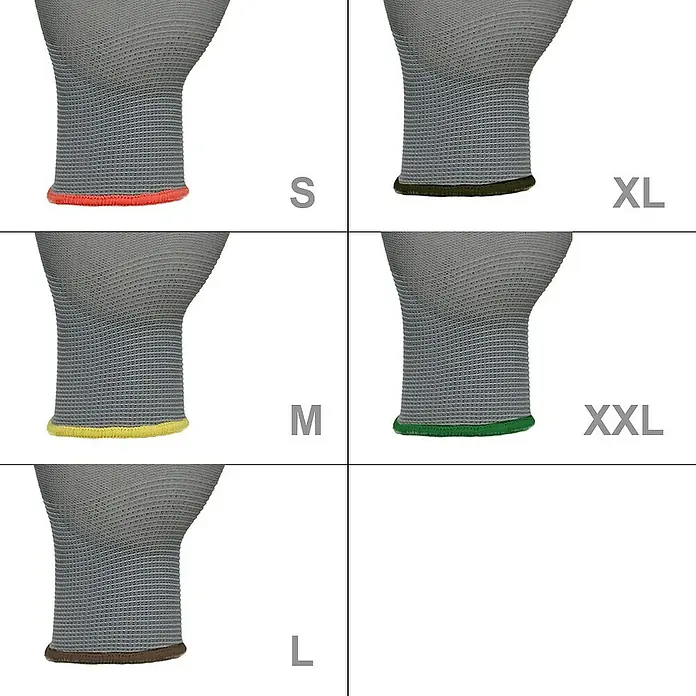 ECD Germany Arbeitshandschuhe Mechanikerhandschuhe Größe: S atmungsaktiv & rutschfest - Grau, Polyester - Verschiedene Größen von Strickhandschuhen, gekennzeichnet mit farbigen Säumen für einfache Identifizierung.