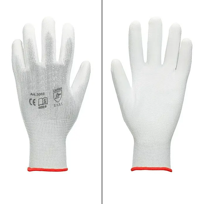 ECD Germany Arbeitshandschuhe Mechanikerhandschuhe Größe: S atmungsaktiv & rutschfest - Weiß, Polyester - Weißer Montagehandschuh mit rotem Saum, Innen- und Außenansicht, ideal für präzise Arbeiten und Schutz.
