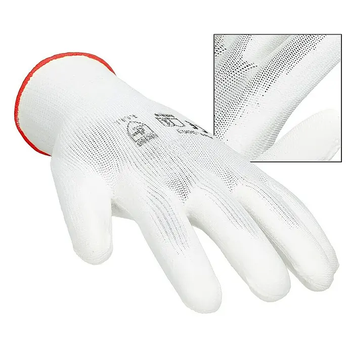 ECD Germany Arbeitshandschuhe Mechanikerhandschuhe Größe: S atmungsaktiv & rutschfest - Weiß, Polyester - Abbildung eines weißen Arbeitshandschuhs mit roter Borte, der Schutz und Komfort bei verschiedenen Aufgaben bietet.