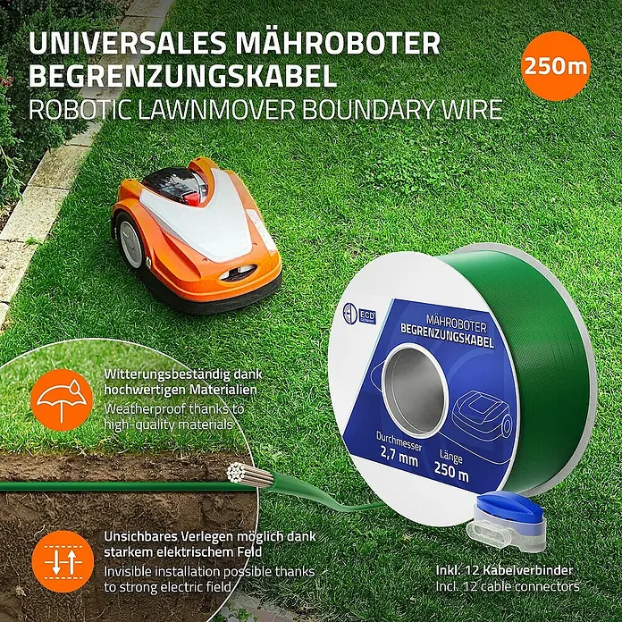 ECD Germany Begrenzungsdraht für Mähroboter Universal Begrenzungsdraht aus Kupfer verzinnt für Mähroboter - Aluminium, Gardena, Bosch, Husqvarna, Worx, Honda, 1 Stk. - Bild eines Mähroboter-Begrenzungskabels auf einer grünen Wiese. Inklusive 12 Kabelverbinder für eine einfache Installation.
