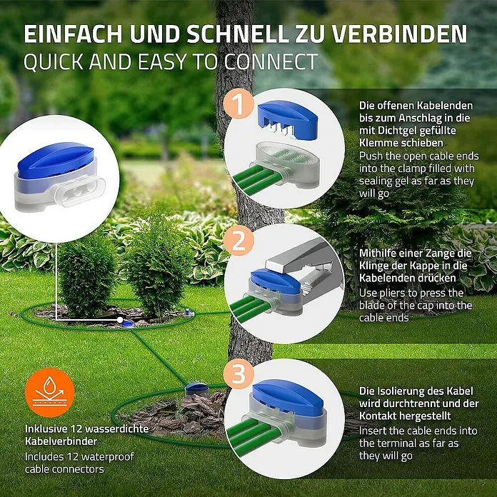 ECD Germany Begrenzungsdraht für Mähroboter Universal Begrenzungsdraht aus Kupfer verzinnt für Mähroboter - Aluminium, Gardena, Bosch, Husqvarna, Worx, Honda, 1 Stk. - Bild zeigt eine Anleitung zur Verwendung wasserdichter Kabelverbinder für den Außenbereich.