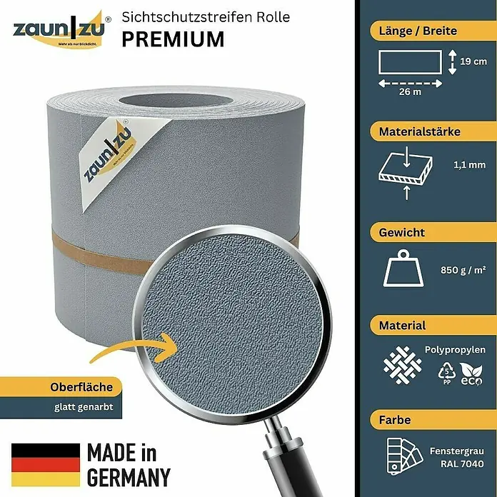 zaun|zu Sichtschutzstreifen Premium DSM - 26 m x 19 cm x 0,1 cm, Fenstergrau - Bild einer Sichtschutzstreifen-Rolle Premium von Zaun zu, Farbe Fenstergrau RAL 7040, aus Polypropylen, 19 cm breit und 26 m lang.