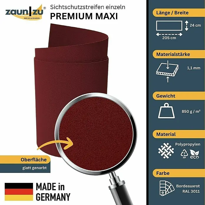 zaun|zu Sichtschutzstreifen Premium Maxi - L x B x H: 2,05 m x 24 cm x 0,1 cm, Bordeauxrot - Bild einer bordeauxroten Zaunblende "Premium Maxi" mit Größenangaben, Materialstärke, Gewicht, Materialbeschaffenheit und Farbbezeichnung.