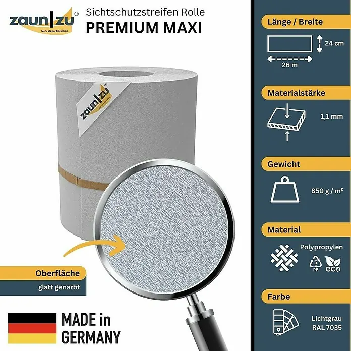 zaun|zu Sichtschutzstreifen Premium Maxi - L x B x H: 26 m x 24 cm x 0,1 cm, Lichtgrau - Abbildung einer Zaunfolienrolle "Premium Maxi" in Hellgrau, hergestellt in Deutschland. Die Folie ist 24 cm breit und 26 m lang.