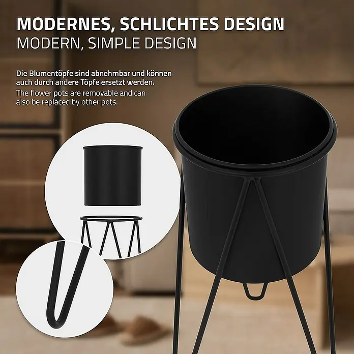 ML-Design Pflanztopf Blumentopfständer Schwarz Wetterfeste und robuste Blumentopfhalter - Stahl, Schwarz - Ein schlichter, moderner Blumenständer aus schwarzem Metall mit herausnehmbarem Topf.