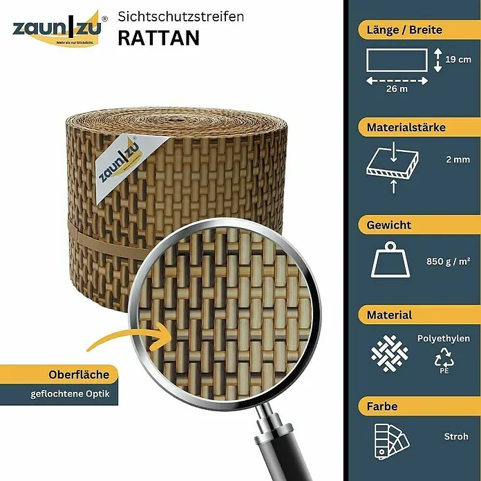 zaun|zu Sichtschutzstreifen Rattan PE - 26 m x 19 cm x 0,2 cm, Natur (Stroh) - Sichtschutzstreifen Rattan: 26 m lang, 19 cm breit, 2 mm stark, 850 g/m², aus Polyethylen in Strohfarbe mit geflochtener Optik.