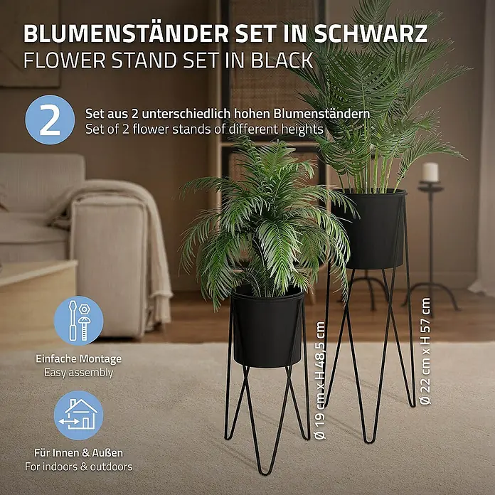 ML-Design Pflanztopf Blumentopfständer Schwarz Wetterfeste und robuste Blumentopfhalter - Stahl, Schwarz - Schwarzes Blumenständer-Set mit zwei unterschiedlich hohen Ständern für den Innen- und Außenbereich, einfache Montage.