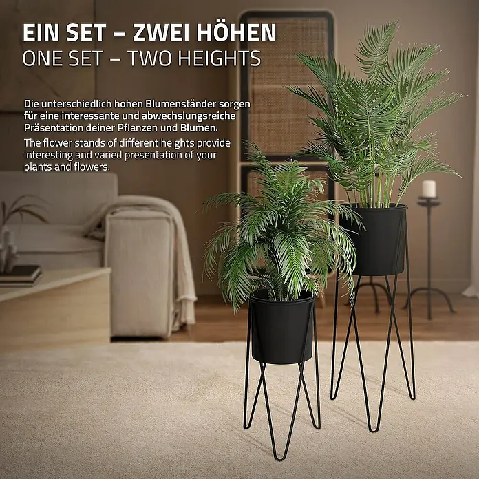 ML-Design Pflanztopf Blumentopfständer Schwarz Wetterfeste und robuste Blumentopfhalter - Stahl, Schwarz - Elegantes Set aus zwei unterschiedlich hohen Pflanzenständern in Schwarz mit grünen Pflanzen für eine stilvolle Dekoration.
