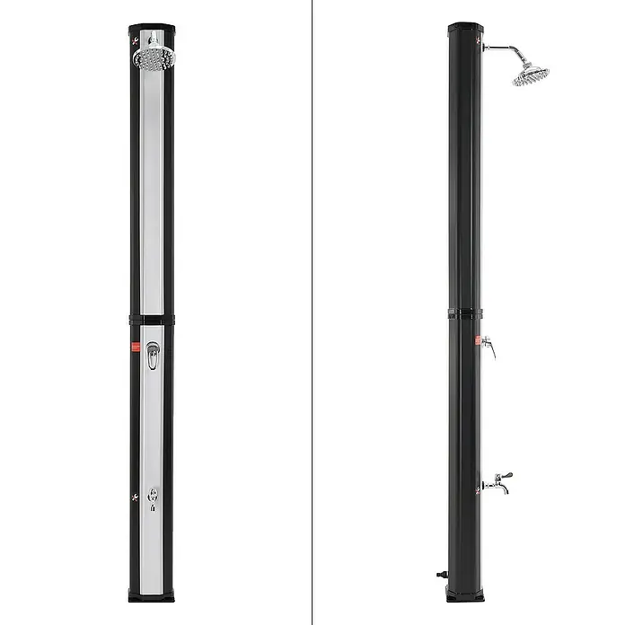 ECD Germany Solardusche 35L Eckig mit Fußdusche und Regenduschkopf warmes Wasser - Höhe: 217 cm, Kunststoff, Silber - Zwei Ansichten einer Außendusche mit schwarzem Gehäuse und Duschkopf aus Edelstahl, ideal für Garten oder Pool.
