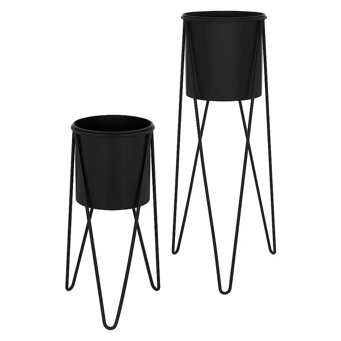ML-Design Pflanztopf Blumentopfständer Schwarz Wetterfeste und robuste Blumentopfhalter - Stahl, Schwarz - Zwei moderne, schwarze Pflanzenständer mit Metallgestell unterschiedlicher Höhe.