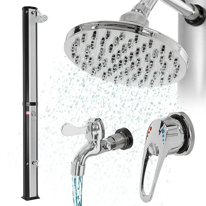ECD Germany Solardusche 35L Eckig mit Fußdusche und Regenduschkopf warmes Wasser - Höhe: 217 cm, Kunststoff, Silber - Abbildung einer Außendusche mit Regler, Wasserhahn und Duschkopf. Eine stilvolle Ergänzung für jeden Garten.