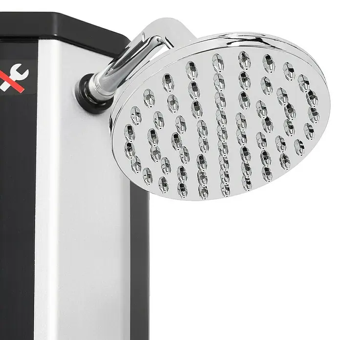 ECD Germany Solardusche 35L Eckig mit Fußdusche und Regenduschkopf warmes Wasser - Höhe: 217 cm, Kunststoff, Silber - Nahaufnahme eines modernen Duschkopfes mit Chromoberfläche und mehreren Düsen.