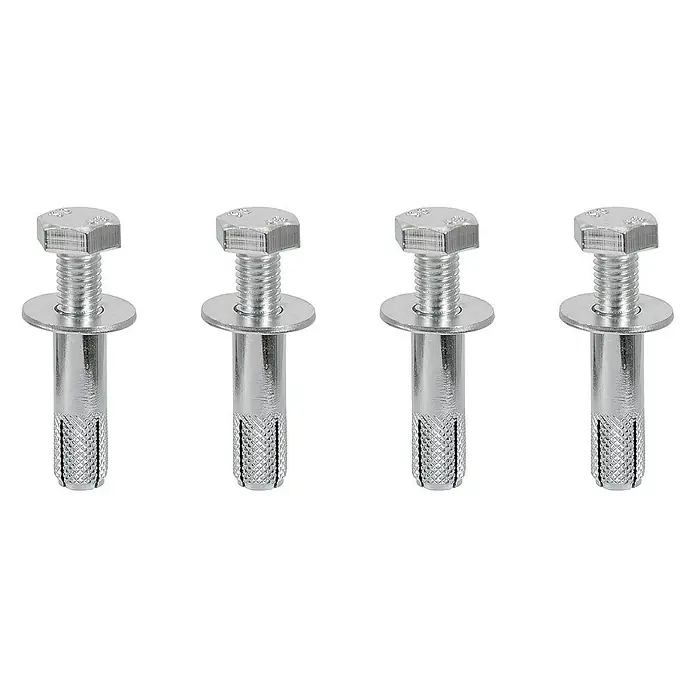 ECD Germany Solardusche 35L Eckig mit Fußdusche und Regenduschkopf warmes Wasser - Höhe: 217 cm, Kunststoff, Silber - Nahaufnahme von vier Bolzenankern aus Metall mit Sechskantkopf, Unterlegscheibe und Spreizhülse zur sicheren Befestigung von Gegenständen.