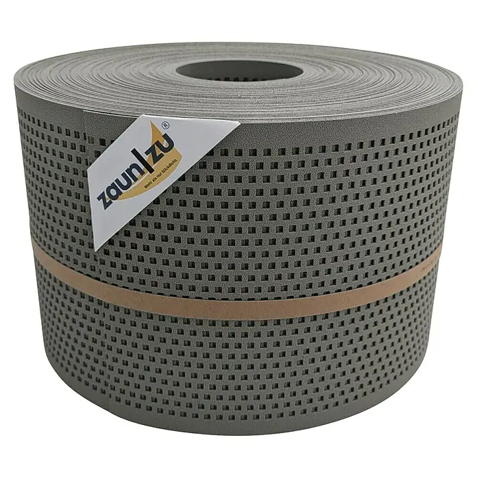 Sichtschutzstreifen Zaun|Zu Quadratisch - 50 m x 19 cm x 0,1 cm, Steingrau - Rolle Zaunfolie "zaun/zu" in Grau mit quadratischen Löchern und Markenetikett. Ideal für Sichtschutz.