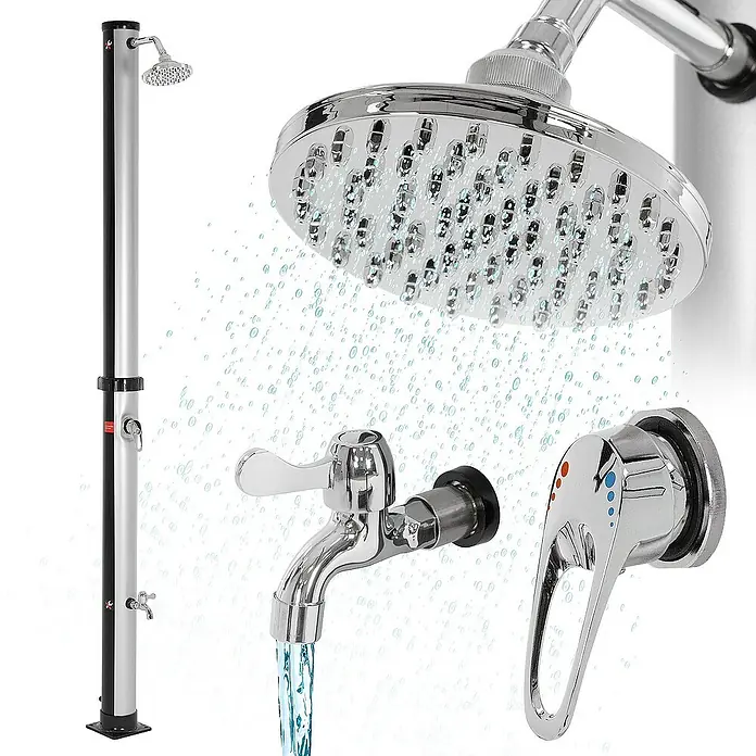 ML-Design Solardusche 20L Rund mit Fußdusche und Regenduschkopf warmes Wasser - Höhe: 210 cm, Kunststoff, Silber, Schwarz - Duschsäule mit Wasserhahn und Brausekopf.